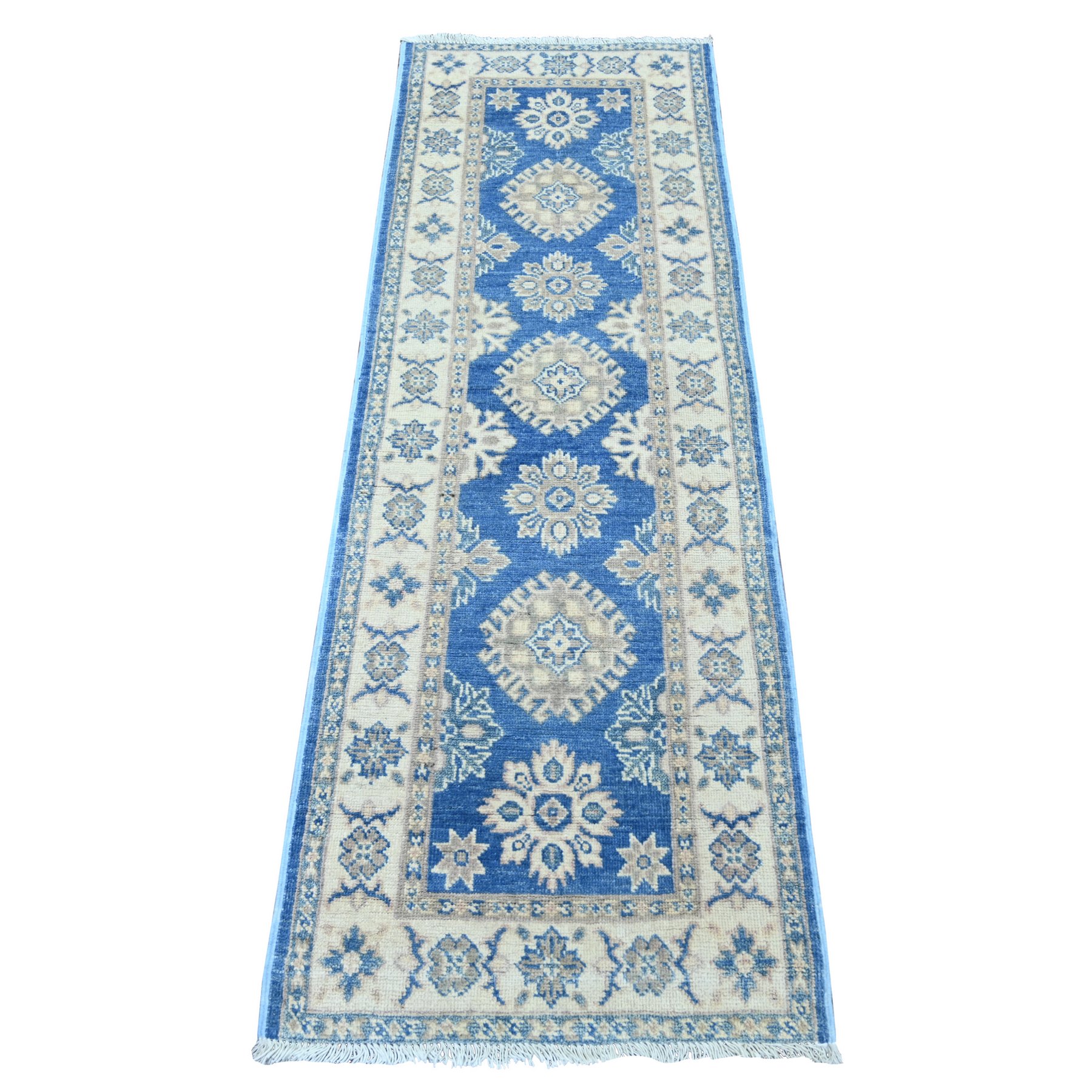 2'x5'8" Bayern Blue, Vintage Look Kazak with Tribal Medallions, Hand Knotted, 100% Wool, Natural Dyes, Short and Narrow Runner, Oriental Rug 